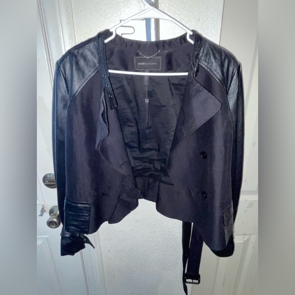 BCBGMaxAzria Black Blazer with Leather Accents W Matching Top and Pants Set